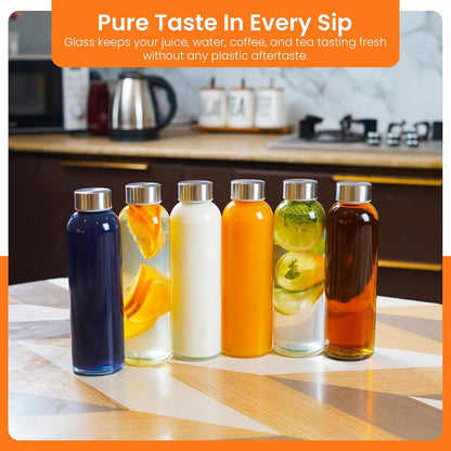 Clear Glass Bottles with Lids 18Oz Water Bottles, Steel Cap, 6-Pack | Reusable Travel-Friendly Juice Bottles Rust-Resistant Durable Glass Stainless Steel Air and Water Tight Lids 100% Leak Proof4