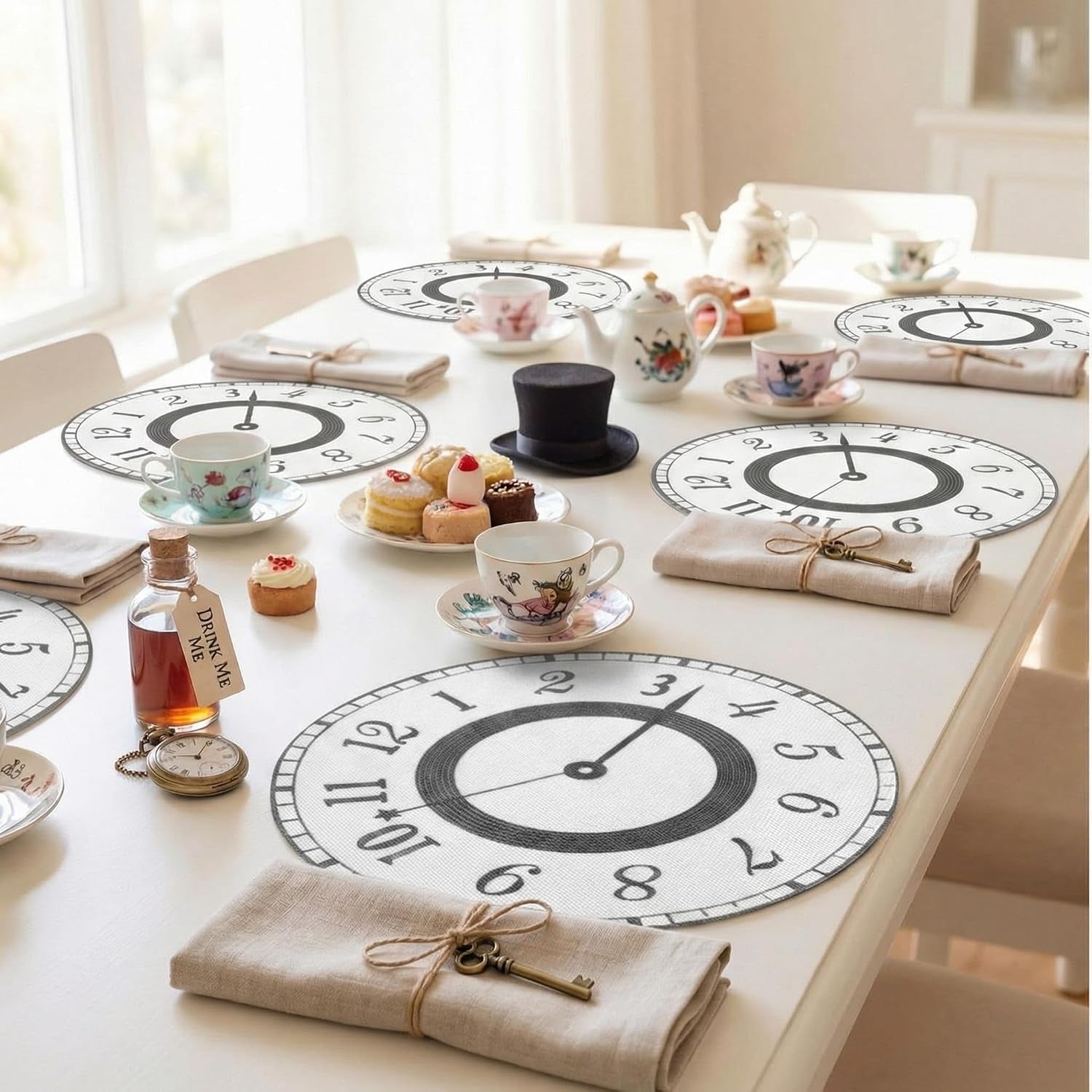12-pcs-wonderland-tea-party-decoration-clocks-placemats-party-game-table-non-slip-cup-mats-for-dining-kitchen-birthday-baby-shower-decor-supplies