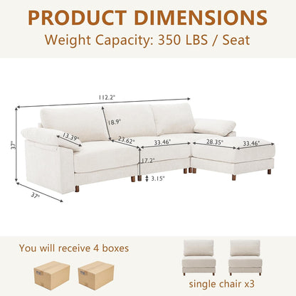 112'' Oversized L Shape Modular Cloud Sectional Sofa, Deep Seat Sofa, Beige2