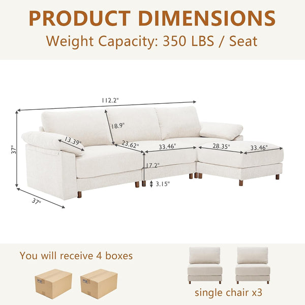 112'' Oversized L Shape Modular Cloud Sectional Sofa, Deep Seat Sofa, Beige2