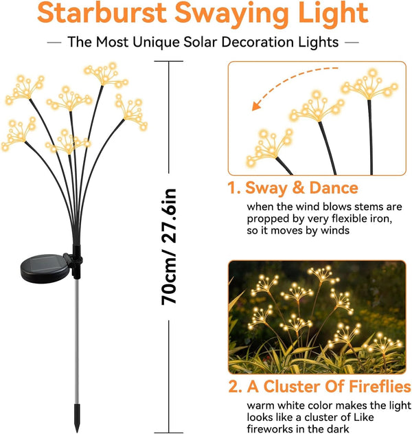 Solar Garden Lights, New Upgraded 2 Pack Solar Swaying Starburst Light, Waterproof Fireworks Outdoor Lights, Yard Patio Pathway Decoration, Warm White2