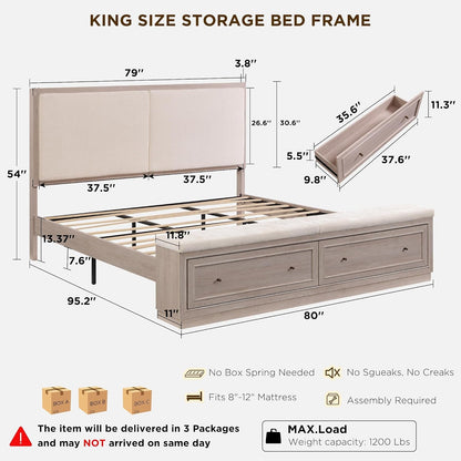 King Bed Frame W/Upholstered Headboard,Storage Bench,White Alder2
