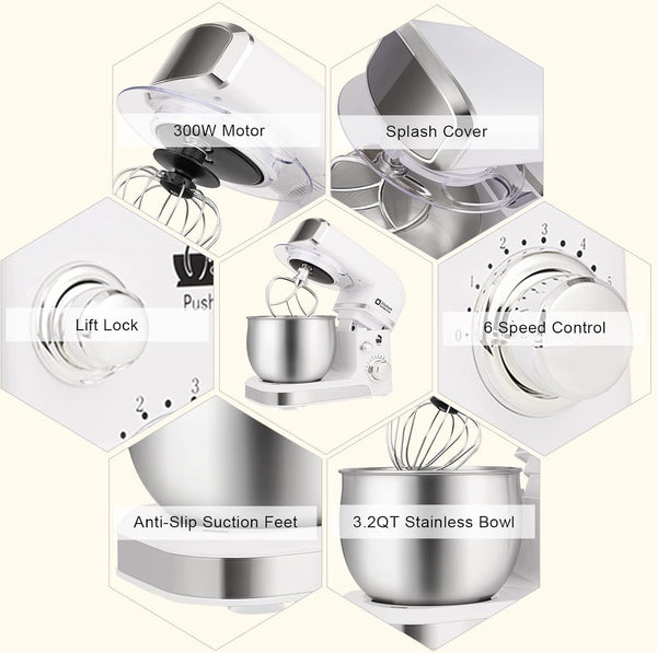 Stand Mixer,3.2Qt Mini Electric Food Mixer,6 Speeds Portable Lightweight Kitchen Mixer for Daily Use with Egg Whisk,Dough Hook,Flat Beater (White)5