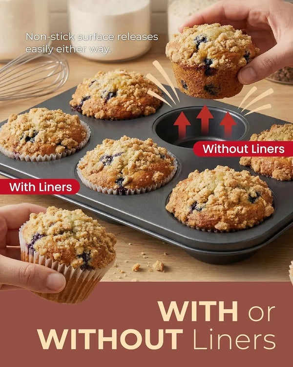 2-Pack Jumbo Muffin Pan with 150 Liners, 12.6" X 8.3", Nonstick | 6-Cup, 3.5" XL Cups, Bonus Liners, Carbon Steel, Ptfe-Free, 450°F Oven Safe, Extra Large Muffin Pan, XL Treats, Egg Bites5