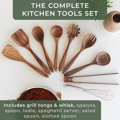 Wooden Spoons for Cooking – 9-Piece Kitchen Utensils Set with Spatula, Tongs, Whisk, Wooden Spoons & Pasta Server – Wooden Utensil Set – Utensil Sets - Cooking Utensils - Non Toxic3