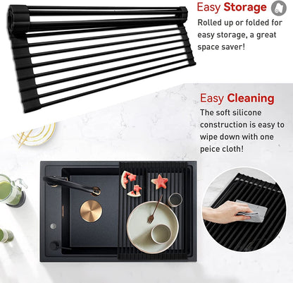 Roll up Dish Drying Rack Silicone Wrapped over the Sink Dish Drying Rack Multipurpose Foldable Sink Drying Mat Anti-Slip & Anti-Rust Dish Rack for Kitchen, 17.5" X 13", Black3
