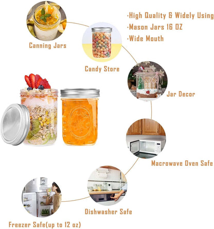 16 Oz Wide Mouth Glass Mason Jars with Lids, 6 Pack for Canning | Embossed Measurement Marks and Wide Mouths Make Filling Easier for Overnight Oats, Pickling, Preserving, and Meal Prep4