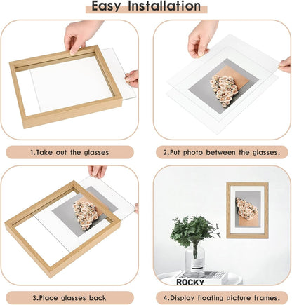 5X7 Floating Frame Set of 2,Double Glass Rustic Photo Frame for Wall Hanging or Tabletop Standing,Also Display 4X6 or 3X5 Photo for Floating Effect,Natural7