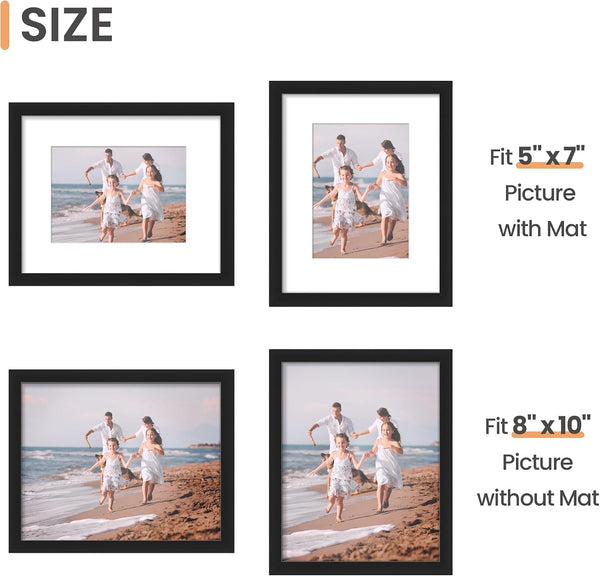 8X10 Picture Frame Set of 10, Display Pictures 5X7 with Mat or 8X10 Without, Multi Photo Frames Collage for Wall or Tabletop Display, Black5
