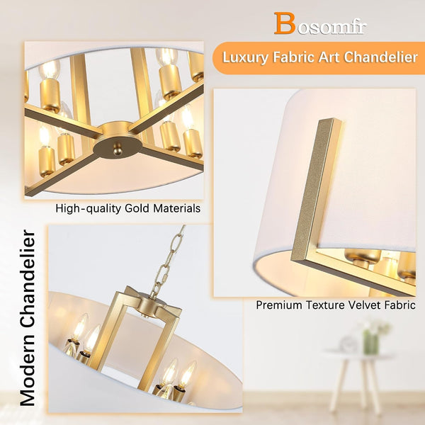 20In Gold Drum Chandelier 8-Light Modern White Fabric, Adjustable3