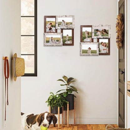 4X6 Collage Picture Frames, Multi Family Photo Frame with Real Glass, Displays Four 4X6 Photo, Wall Decor Wall Hanging or Tabletop, Distressed White+Rustic Brown4