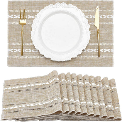 10PCS Cotton Linen Placemats 12 X 18 Inch Boho Placemats Rustic Hemstitch Place Mats Heat Resistant Wrinkle Free Table Mats for Kitchen Table Home Decorations (Beige)1