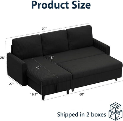 70'' Sleeper Sofa Bed with Storage, Convertible Pull Out Couch Futon for Living Room, Apartment, Corduroy Fabric L Shaped Sectional Sofa Pull-Out Bed, Black3