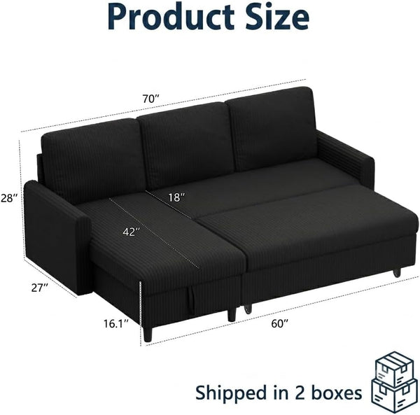 70'' Sleeper Sofa Bed with Storage, Convertible Pull Out Couch Futon for Living Room, Apartment, Corduroy Fabric L Shaped Sectional Sofa Pull-Out Bed, Black3
