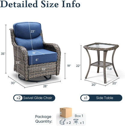 Luxury 6" Thick Cushioned Outdoor Swivel Rocker Patio Chairs with Side Table, High Back Furniture Set with Ergonomic Zone Back, Wicker Conversation Glider Set for Deck Porch - Grey+Blue2