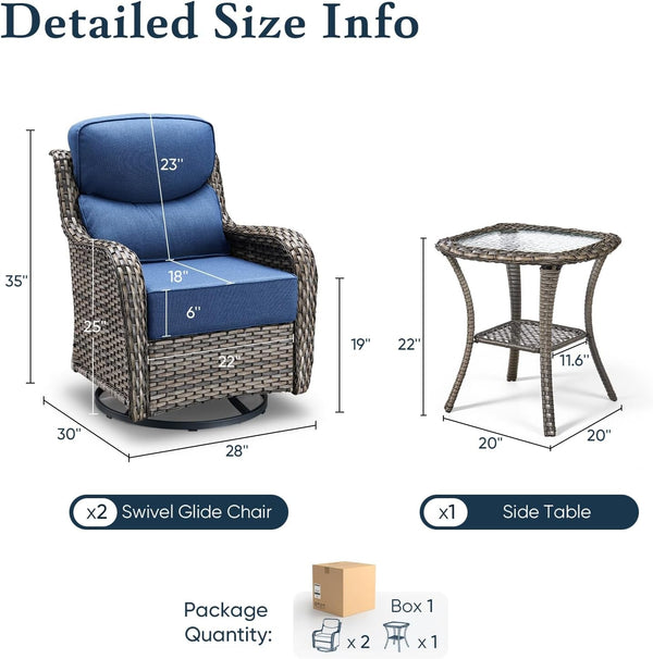 Luxury 6" Thick Cushioned Outdoor Swivel Rocker Patio Chairs with Side Table, High Back Furniture Set with Ergonomic Zone Back, Wicker Conversation Glider Set for Deck Porch - Grey+Blue2