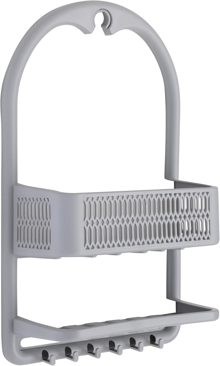 molded-shower-caddy-bathroom-storage-hangs-over-shower-head-6-accessory-hooks-holds-razors-washcloths-accessories-suction-cup-stability-grey