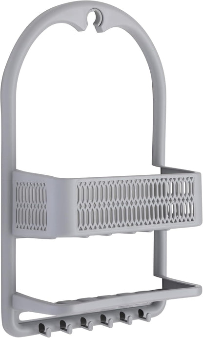 Molded Shower Caddy | Bathroom Storage | Hangs over Shower Head | 6 Accessory Hooks | Holds Razors | Washcloths | Accessories | Suction Cup Stability | Grey1