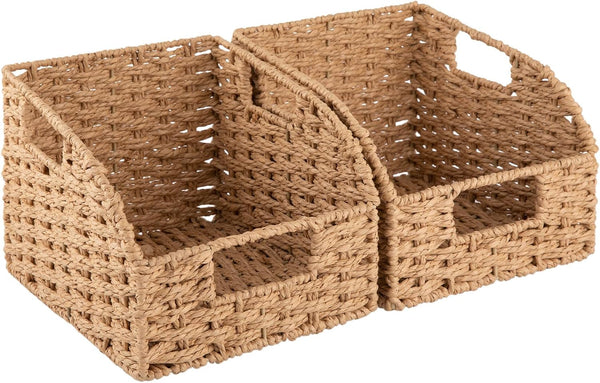 Pantry Baskets for Organizing, Paper Rope Baskets with Built-In Handles, Wicker Storage Bins for Shelves, 2 Pack-Yellow1