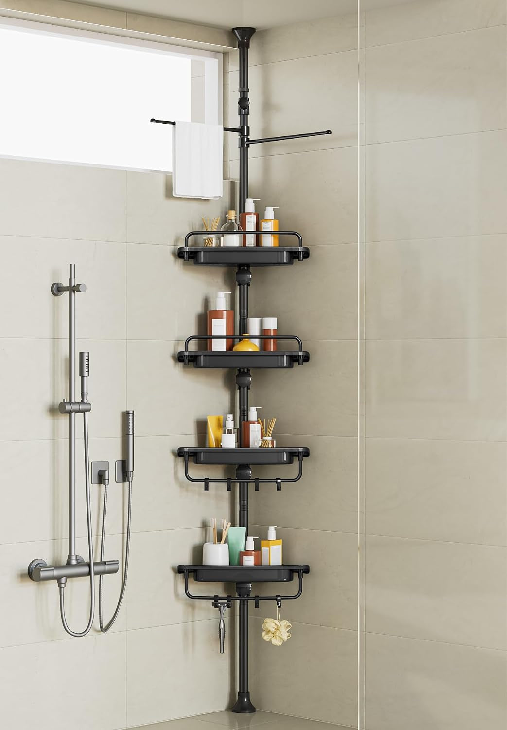 32-122inch-corner-shower-caddy-tension-pole-black-rustproof-drill-free-shower-shelves-for-bathroom-bathtub-washbasin-adjustable-shower-organizer-with-4-tier-patent-stable-shelves-towel-bars