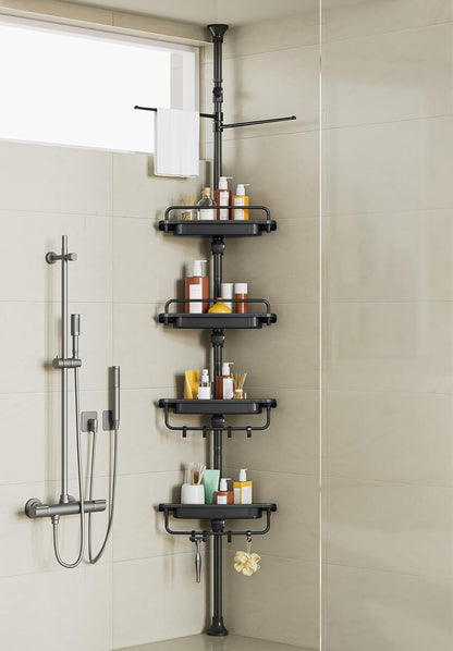 32-122Inch Corner Shower Caddy Tension Pole Black, Rustproof Drill-Free Shower Shelves for Bathroom Bathtub Washbasin, Adjustable Shower Organizer with 4 Tier Patent Stable Shelves & Towel Bars1