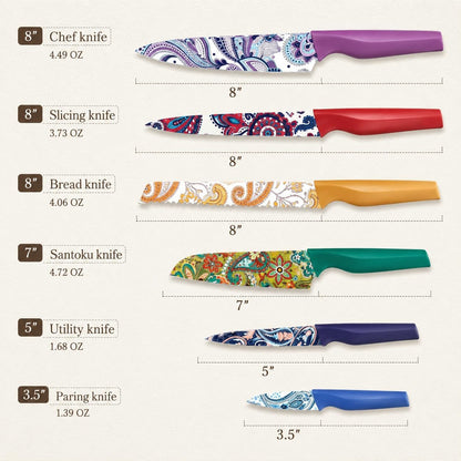 Paisley Pattern Knife Set with Cover | Dishwasher Safe, 6 Knife Sheath, German Stainless Steel, Rainbow Colorful Design8