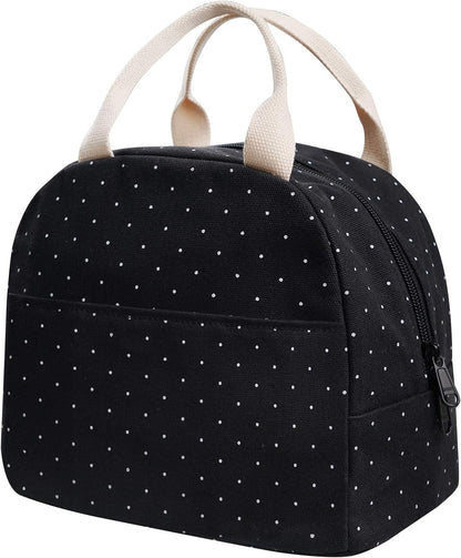 Upgraded Compact Black Lunch Bag for Girls Women,Canvas Reusable Insulated Polka Dot Lunch Tote Box Bag for Work School1