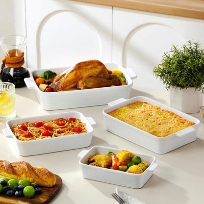 Casserole Dishes for Oven, Porcelain Baking Dish Set of 4 | Rectangular Lasagna Pans with Handles, Deep Bakeware, White (15''/13''/11.6''/9.6''), Oven Safe, Microwave Safe, Series BAKE6