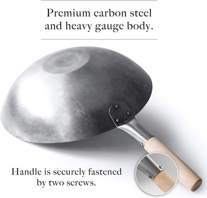 Flat Bottom Wok with Lid, Hand Hammered Carbon Steel Wok Set, 14"4