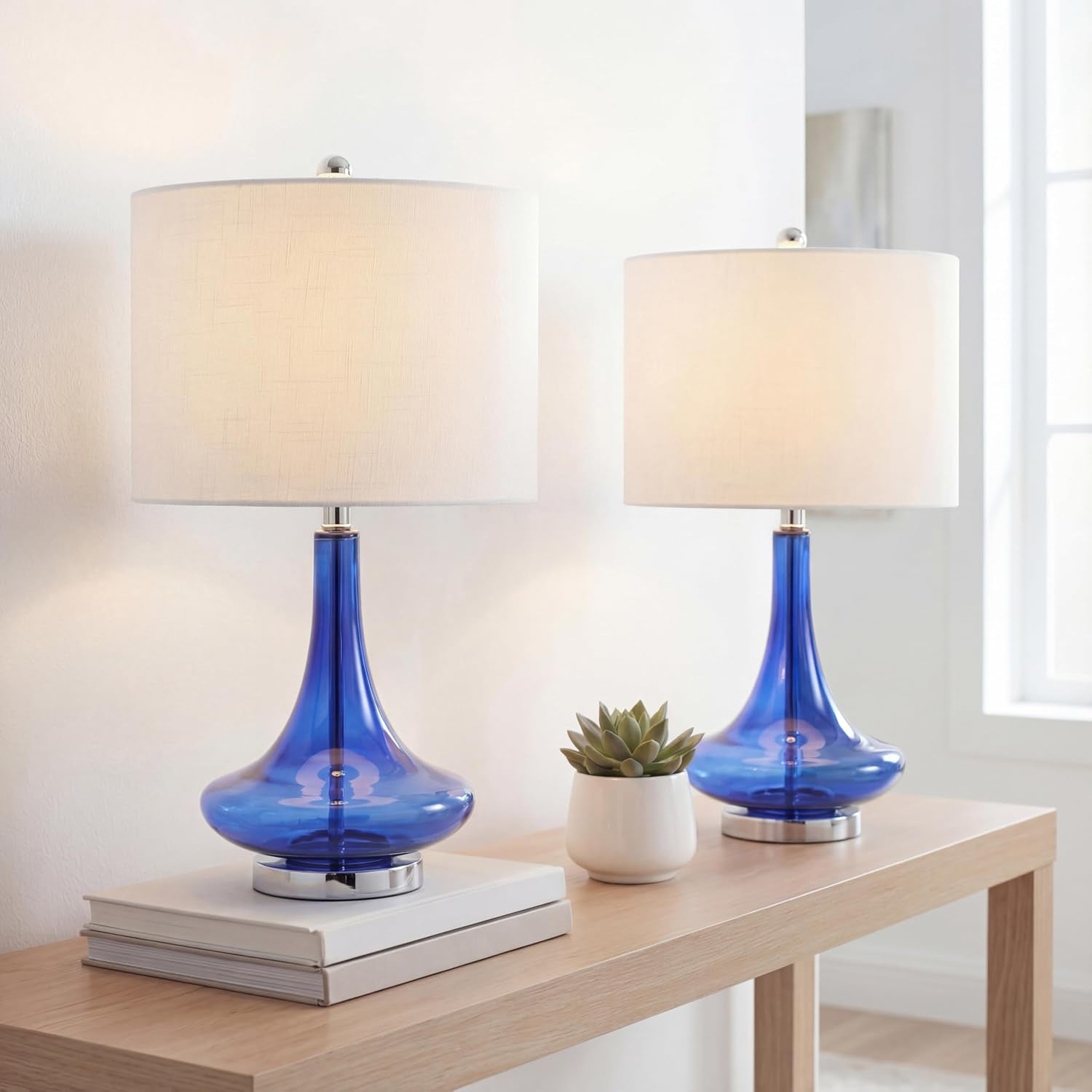 cecile-25-5-metal-glass-lamp-cobalt-blue-chrome-set-of-2-white-linen-drum-shade-teardrop-base-60-silk-wrapped-cord-led-bulbs-included