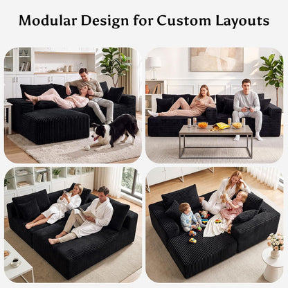 Boneless Couches for Living Room, L Shape Modular Sectional Sofa with Chaise, Corduroy Cloud Couch with Deep Seat, No Assembly Required, Black, Left Facing Chaise4