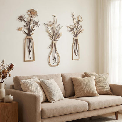 3Pcs Brown Metal Flower Vase Wall Art Botanical Iron Farmhouse Decor | 3-Piece Brown Metal Flower Vase Wall Art, Rustic Botanical Iron Sculpture, Easy to Hang for Farmhouse Living Room Decor1