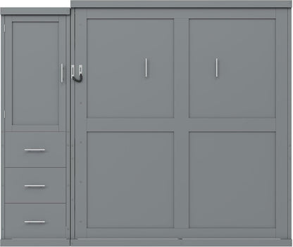 Queen Murphy Bed with Storage Drawers and Wardrobe,Solid Wood Farmhouse Horizontal Murphy Wall Bed Cabinet with Drawers for Bedroom Office Guest Room, Foldable (Queen,Gray)5