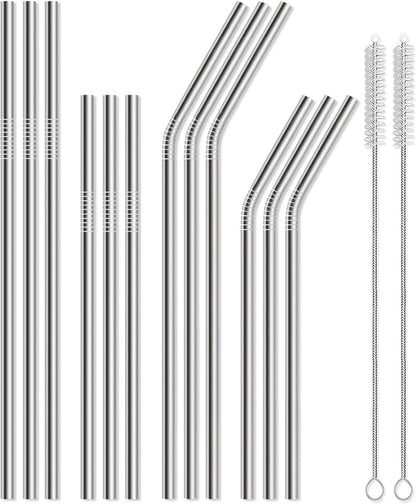 12 Pack of Reusable Stainless Steel Metal Straws, 3 Straight + 3 Bent 10.5 Inch and 3 Straight + 3 Bent 8.5 Inch Metal Straws with 2 Cleaning Brushes for 20 24 30 Oz Tumbler Dishwasher Safef1