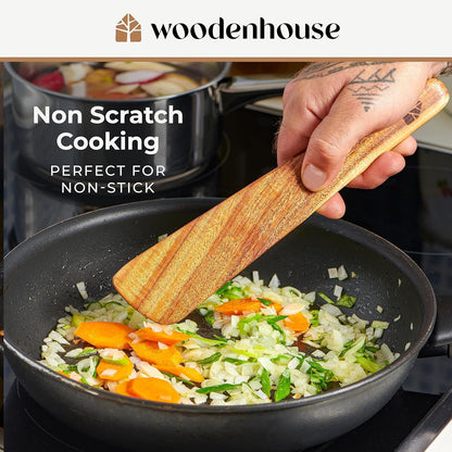 Wooden Spatula for Cooking, Teak Wood Set of 4 for Non Stick Frying Pan | Includes Paddle, Turner, Slotted Spurtle & Scraper – Long Ergonomic Handles, Scratch-Free Design7