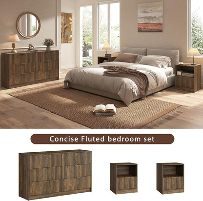 3-Piece Modern Bedroom Furniture Set, Walnut丨6-Drawer Dresser & 1-Drawer Nightstands Set of 2, Natural Wooden Dresser and Nightstand Sets for Bedroom, Hallway2