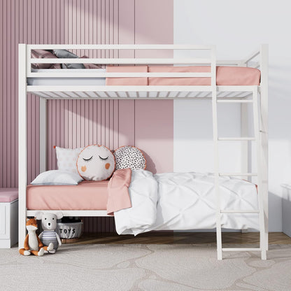 Bunk Bed Twin over Twin Size with Ladder and Guardrail,White3