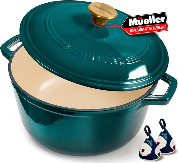 Mueller Duracast 6 Quart Enameled Cast Iron Dutch Oven Pot with Lid | Sourdough Bread Baking, Pfoa-Free, 500°F Oven Safe - All Cooktops Incl. Induction, Braising & Slow Cooking, Emerald1