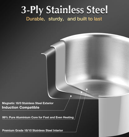 Tri-Ply Stainless Steel Cookware Set 10 Piece, Professional 18/10 Stianless Steel Pots and Pans Set, Oven & Induction Safe, Non-Toxic Kitchen Cookware Set for Family Cooking, 10Pcs8