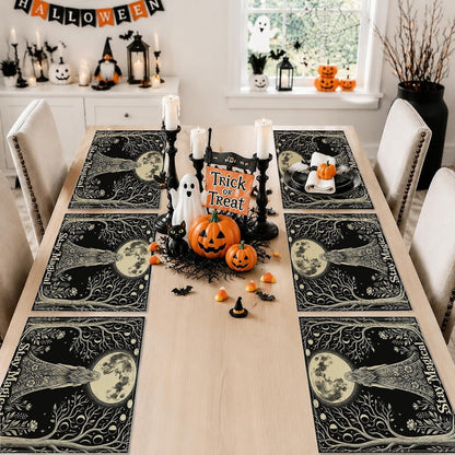 Moon Placemats Set of 6, Fanciful Fantasy Trees Flowers Mystical Black Washable Non-Slip Linen Placemats Decor for Kitchen Indoor Outdoor Dinner BBQ Party 18X12 Inch2