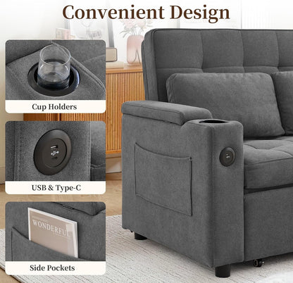 55.5'' 3-In-1 Convertible Sofa Bed, Pull Out Couch with 5-Position Adjustable Backrest, Loveseat Sleeper Sofa for Small Spaces, Sofa Couch with Cup Holders for Living Room, Office, Chenille4