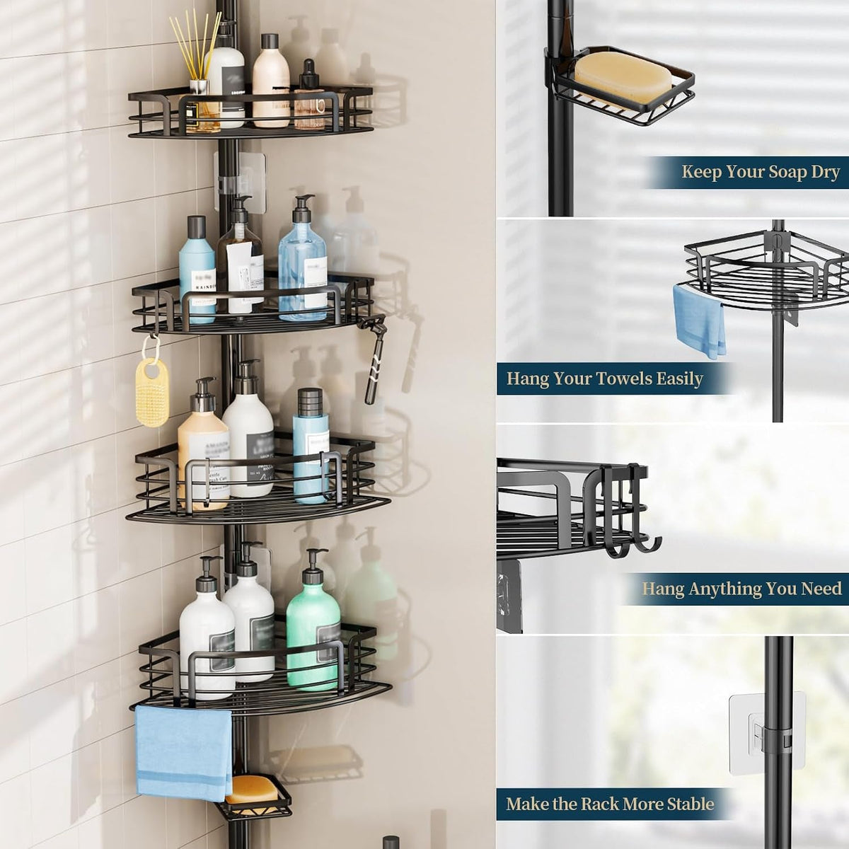 corner-shower-caddy-tension-pole-rustproof-shower-shelves-with-towel-bar-soap-holder-adjustable-bath-organizer-for-bathroom-storage-27-6-108-3-inch-black