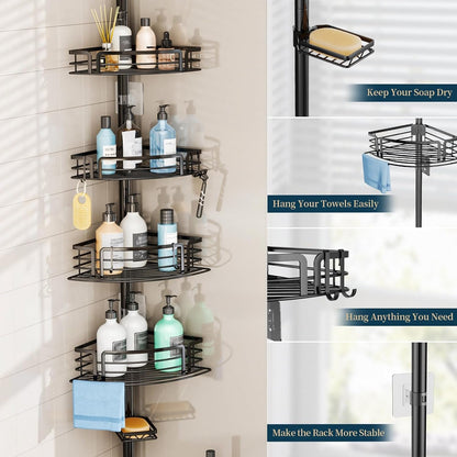 Corner Shower Caddy Tension Pole - Rustproof Shower Shelves with Towel Bar & Soap Holder, Adjustable Bath Organizer for Bathroom Storage, 27.6-108.3 Inch, Black4