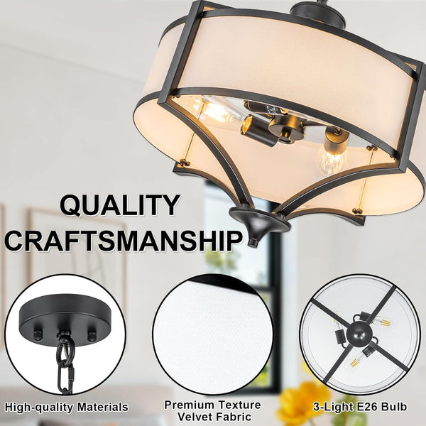 20" Farmhouse Modern Chandeliers for Dining Room Black Drum Chandelier Kitchen Island Light Fixtures, Large Pendant Light with Fabric Shade for Living Room Bedroom6