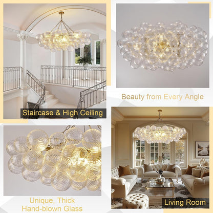 51" Large Gold Bubble Chandelier, 9-Light Modern Hand Blown Glass Chandelier Light Fixture, Rectangle Chandeliers for Dining Room Living Room Kitchen Island Foyer Entryway(Brush Brass Finish)4