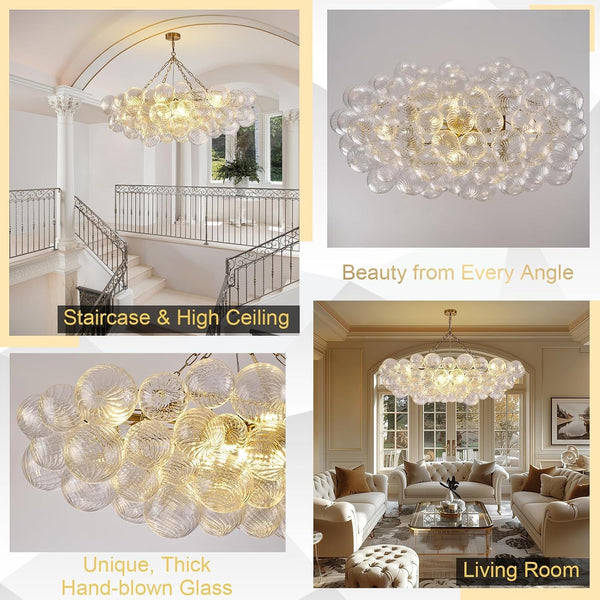 51" Large Gold Bubble Chandelier, 9-Light Modern Hand Blown Glass Chandelier Light Fixture, Rectangle Chandeliers for Dining Room Living Room Kitchen Island Foyer Entryway(Brush Brass Finish)4