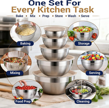 Mixing Bowls Set, 25PCS Khaki Mixing Bowls with Lids Set Stainless Steel Kitchen Large Nesting Metal Bowl 7QT to 1.5QT, Measuring Cups and Spoons for Prepping Cooking Serving6