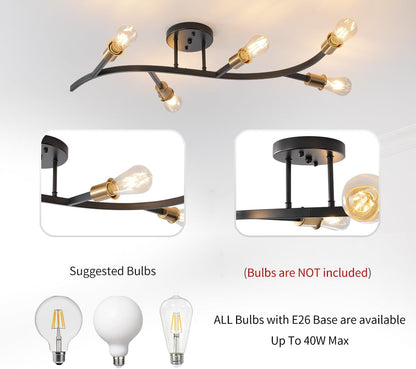 Modern Sputnik Semi Flush Mount Ceiling Light Fixture Black and Gold,5-Lights Mid Century Sputnik Chandelier for Dining Room,Kitchen,Hallway,Laundry Room,Bedroom(Bulbs Not Included)4