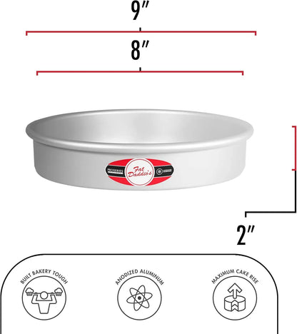8-inch round anodized aluminum cake pan with 2-inch height from Fat Daddio's ProSeries