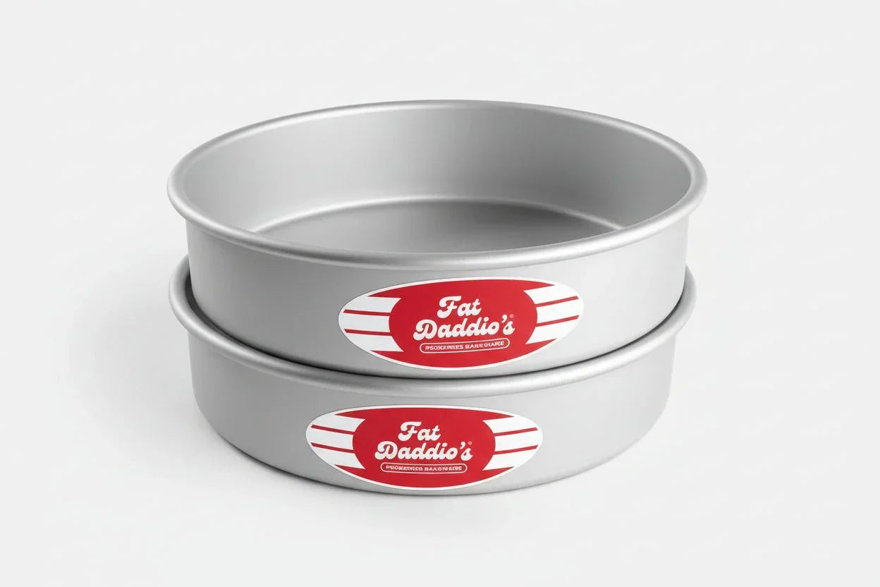 Set of two 8-inch anodized aluminum round cake pans with red Fat Daddio's label